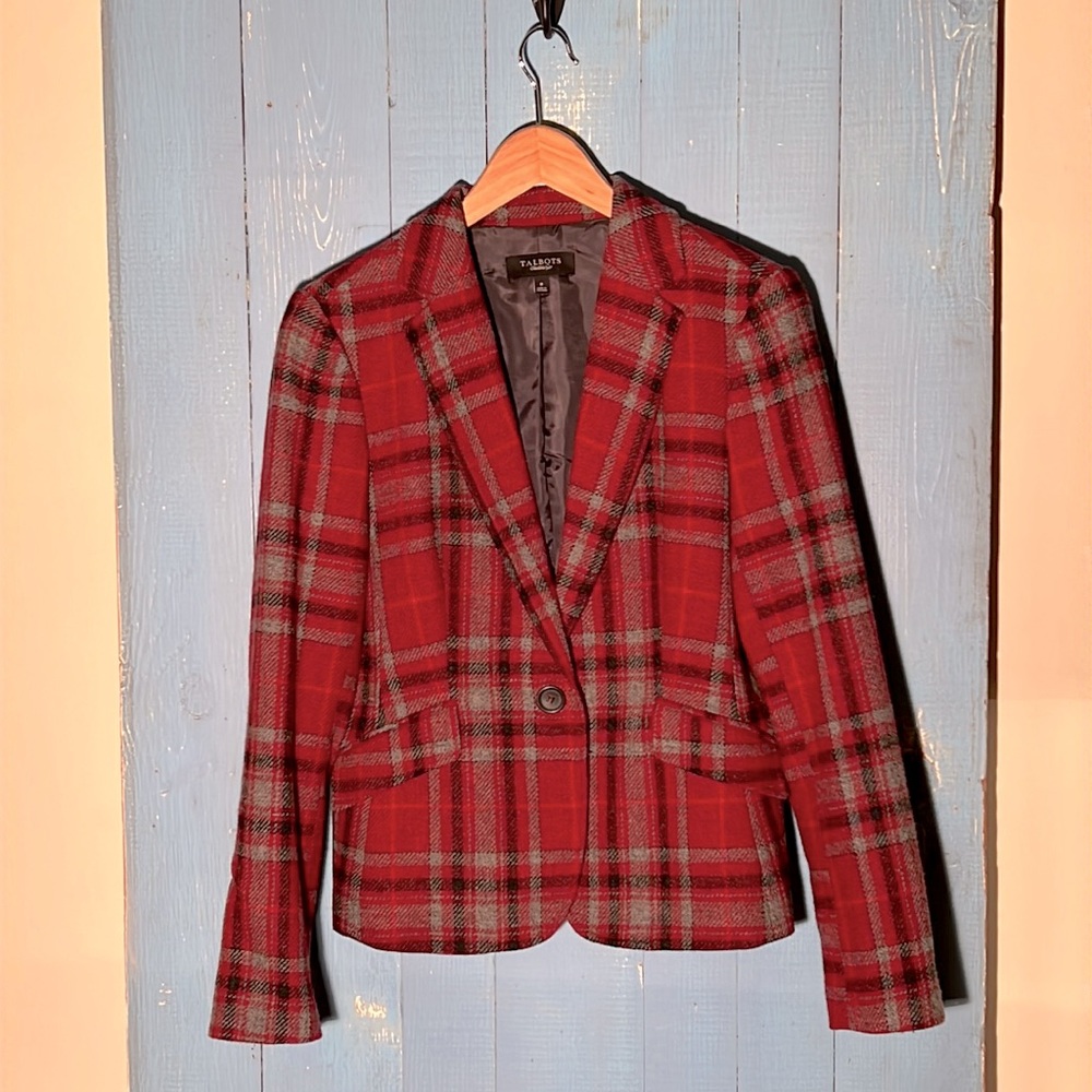 Talbots Red Tartan Plaid Wool Blend Blazer Jacket Sz 8